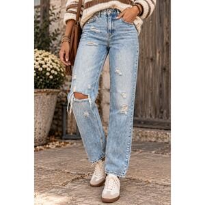 Fashion Jeans Wear Womens Light Acid Wash Distressed High Rise Straight Jeans